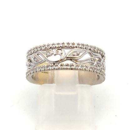 Neil Lane 14K White Gold Pave Diamond Floral Scroll Cutout Wedding Band Ring