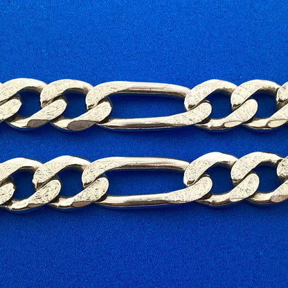 Retro 925 Sterling Silver Polished Florentine Textured Figaro Link Bracelet