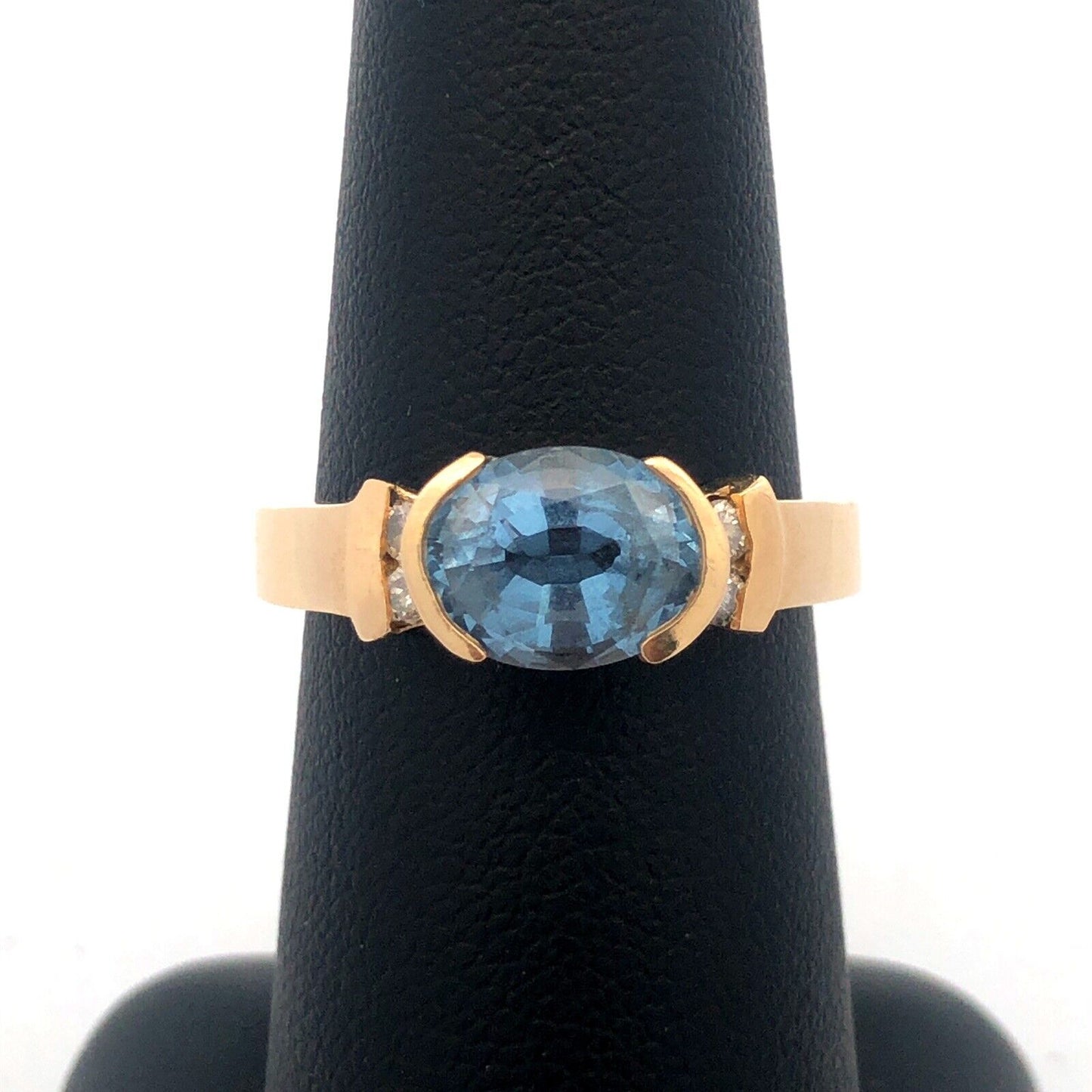 Estate Designer 14K Yellow Gold Oval Blue Topaz Diamond Accented Cocktail Ring