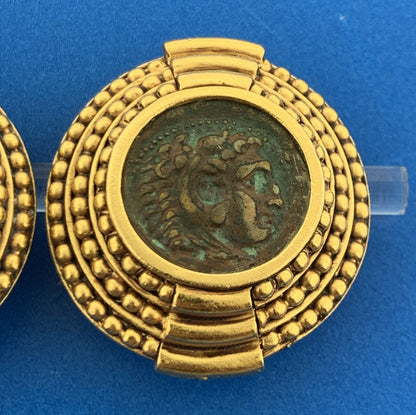 Vintage DIVA Gold Tone Etruscan Inspired Ancient Coin Clip Statement Earrings
