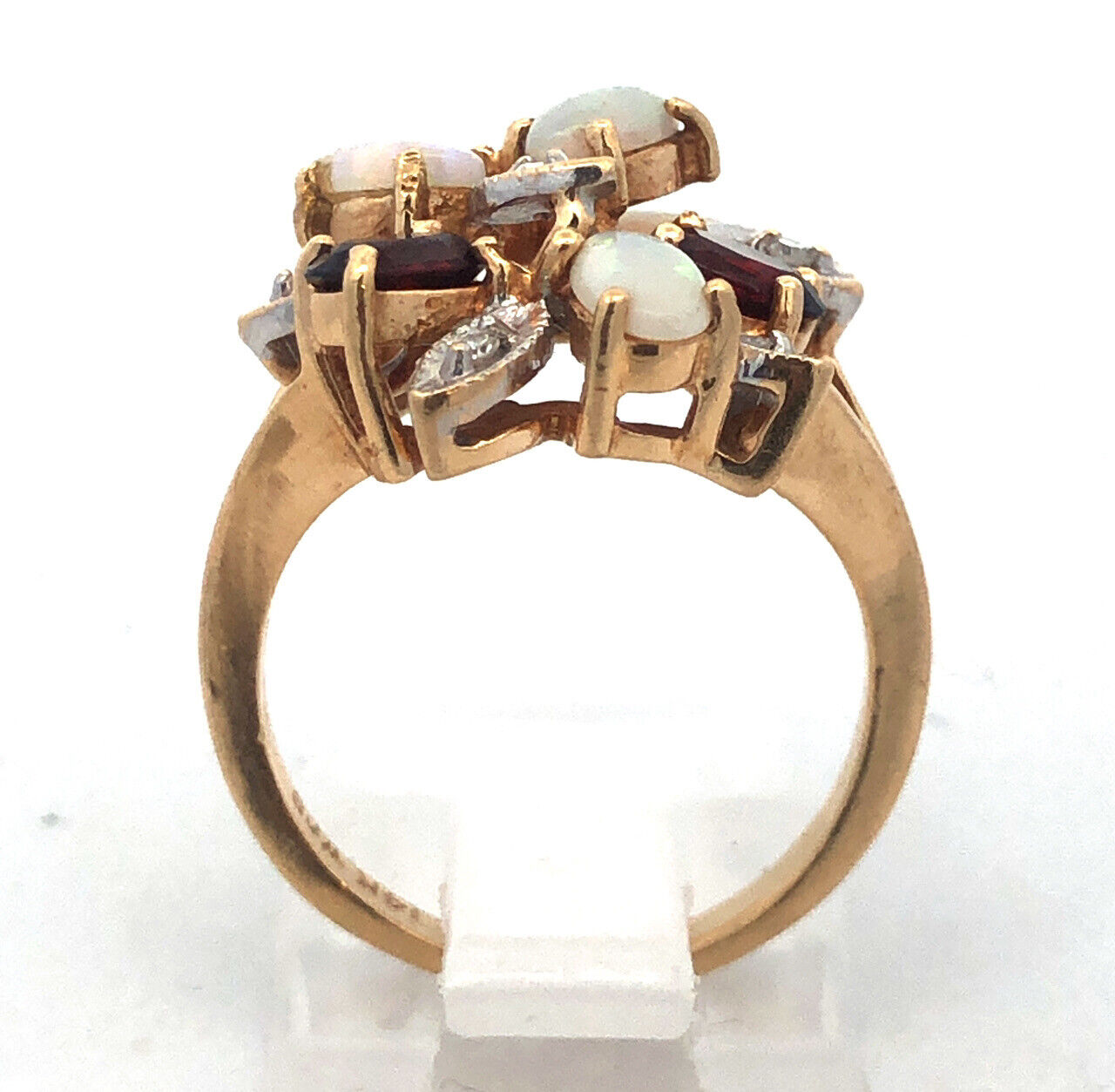 Vintage 14K Yellow Gold Opal Garnet Diamond Floral Cluster Anniversary Ring