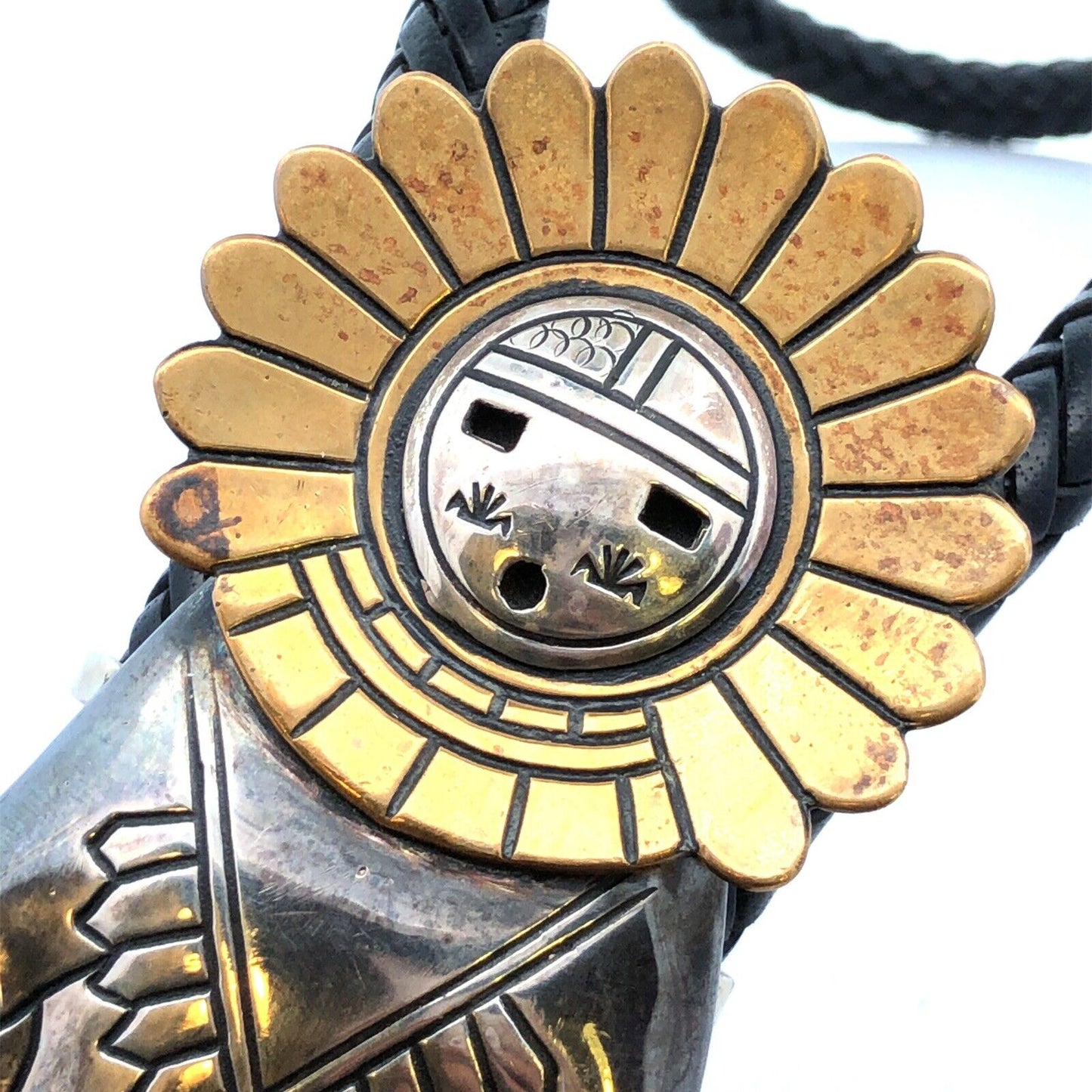 Native American Thomas Singer 925 Sterling Silver Dancer Black Leather Bolo Tie