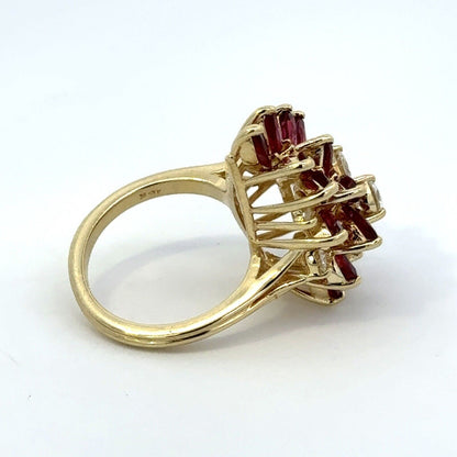 Vintage 18K Yellow Gold Round Diamond Marquise Lab Created Ruby Waterfall  Ring