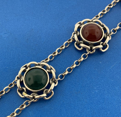 Vintage Italy Sterling Silver Red Carnelian Green Onyx Floral Toggle Bracelet