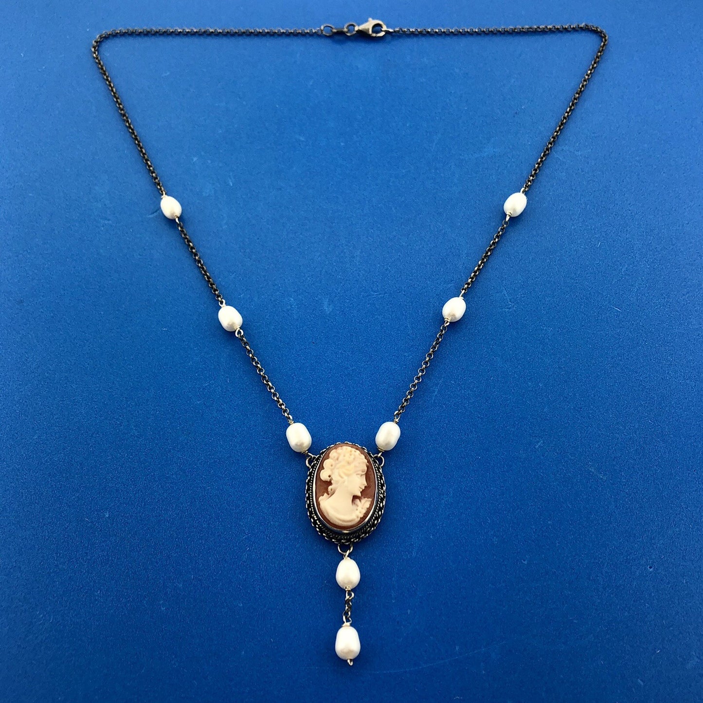 Vintage Italian Designer 925 Sterling Silver Cameo Pearl Station Necklace