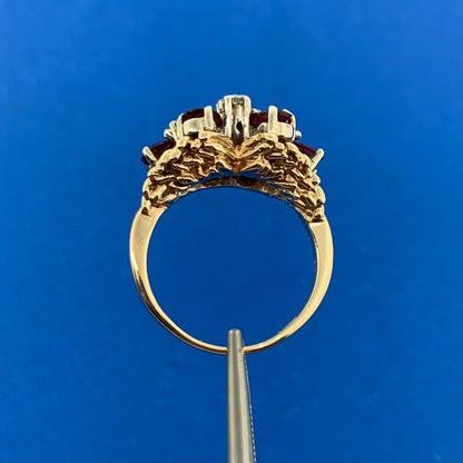 14K Yellow Gold Ruby Diamond Butterfly Cluster Statement Cocktail Ring
