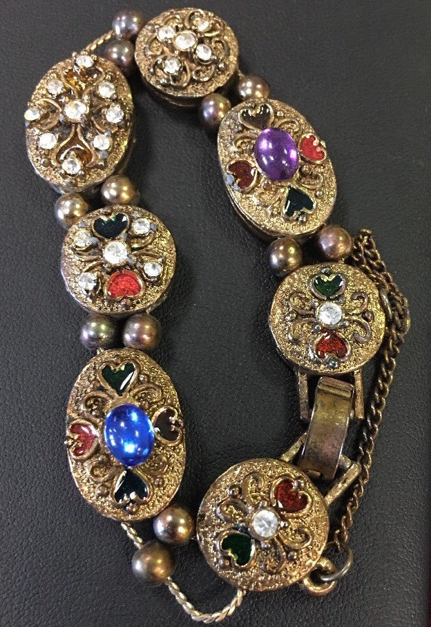 Vintage Fashion Gold Tone Multi Stone Hearts Statement Slide Charm Bracelet