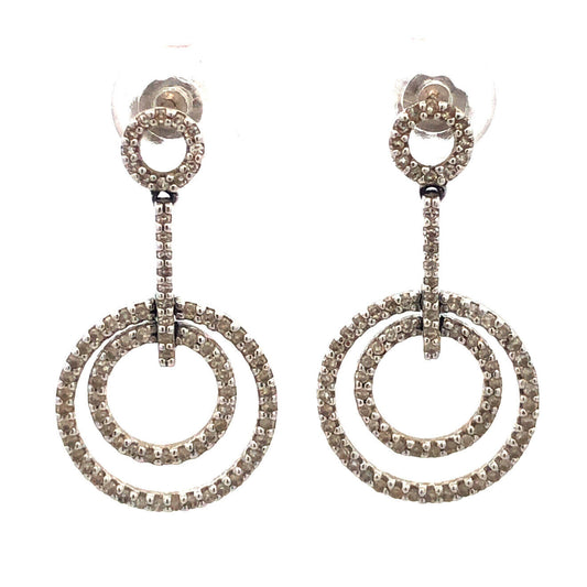 14k White Gold Pave Diamond Circle Drop Earrings