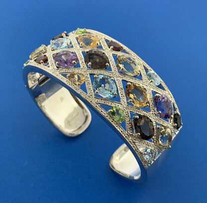Designer Sterling Silver Multicolor Oval Quartz Statement Hinged Cuff Bracelet