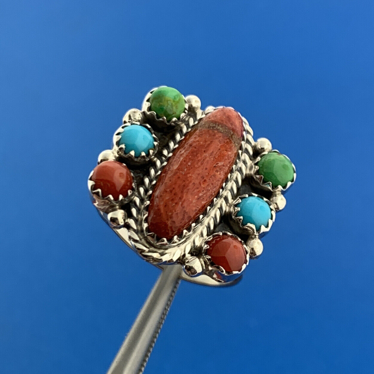Designer R.B. Sterling Silver 925 Red Jasper Coral Turquoise Ring Size 6