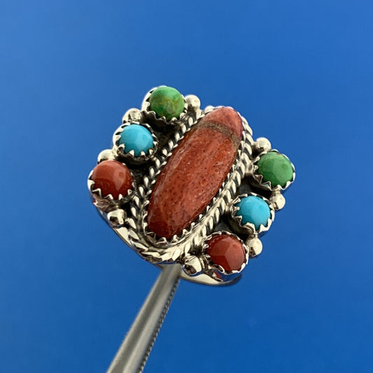 Designer R.B. Sterling Silver 925 Red Jasper Coral Turquoise Ring Size 6