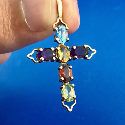 Vintage 10K Yellow Gold Multi Gemstone Cross Pendant