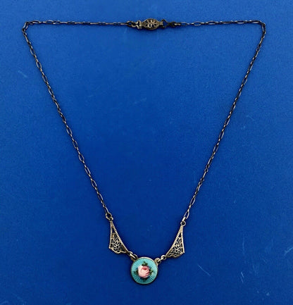 Victorian Sterling Silver 925 Guilloche Enamel Rose Filigree Childs Necklace