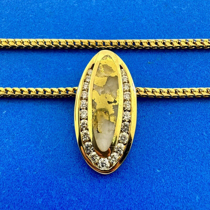 Designer 14K Yellow Gold Quartz w/Gold Vein Diamond Accent Oval Pendant Necklace