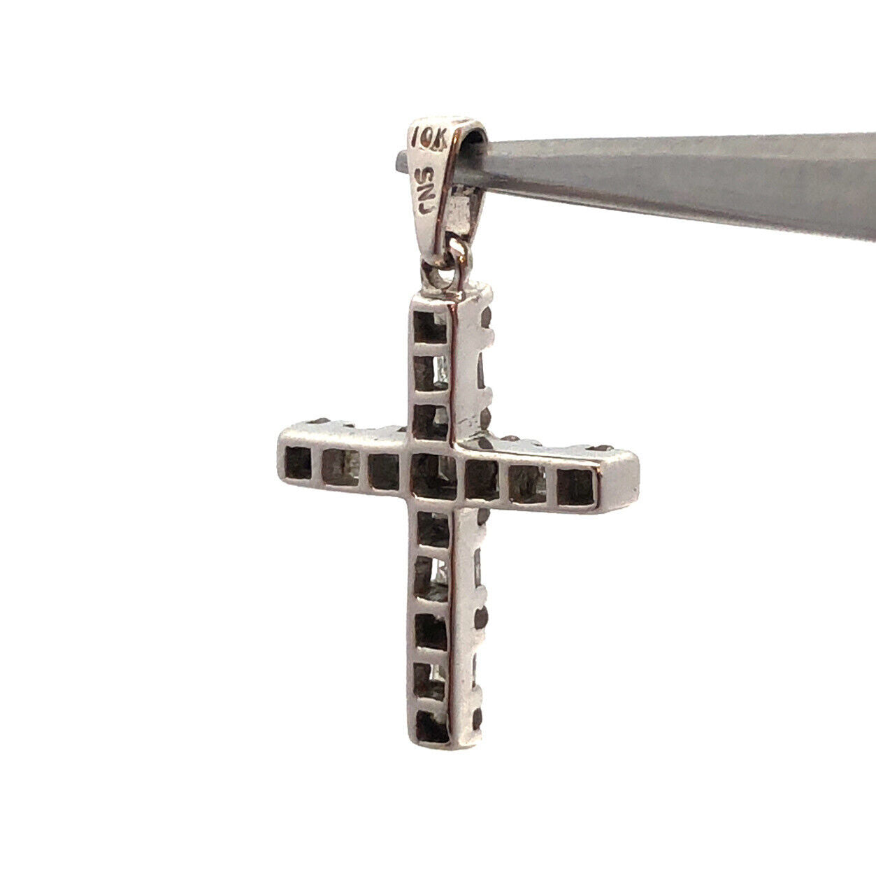 Designer SNJ 10K White Gold Round Baguette Diamonds Cross Pendant