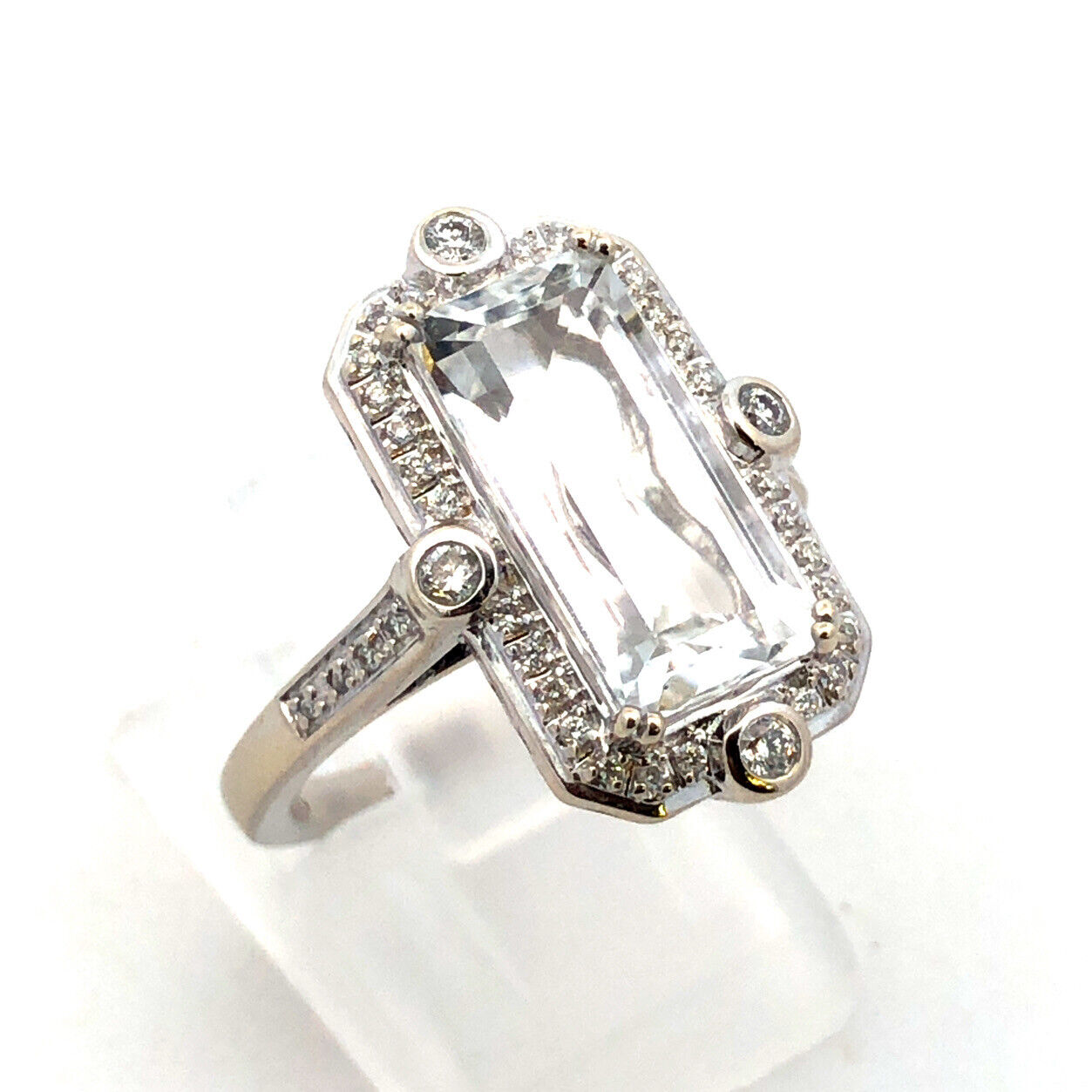 14K White Gold Designer White Topaz Diamond Accent Art Deco Style Statement Ring