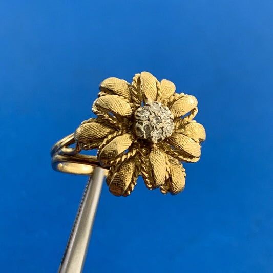 Vintage Designer 18K Yellow Gold Diamond Three Dimensional Flower Cocktail Ring