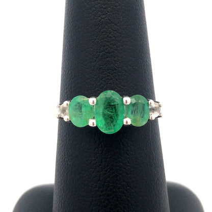 Designer TGGC 925 Sterling Silver Oval Emerald Trio White Amethyst Accent Ring