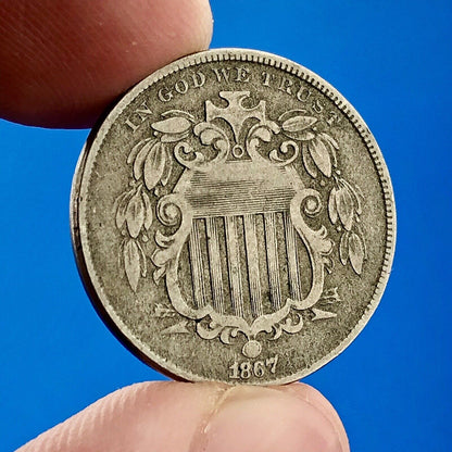 1867 P Shield Nickel Variety 2 Without Rays Better Key Philadelphia Type Coin