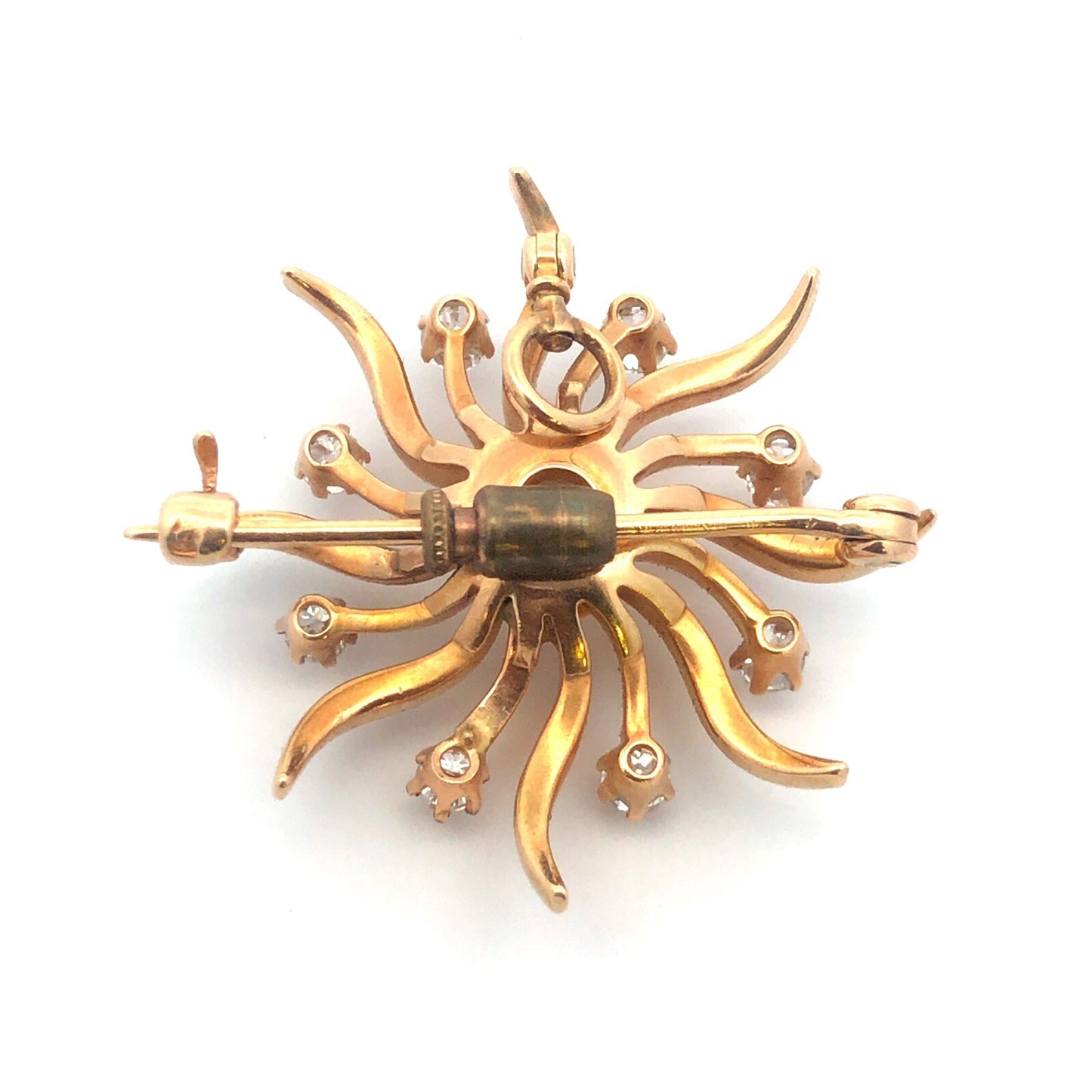Designer Art Deco 14K Yellow Gold Diamond Pin Brooch Pendant