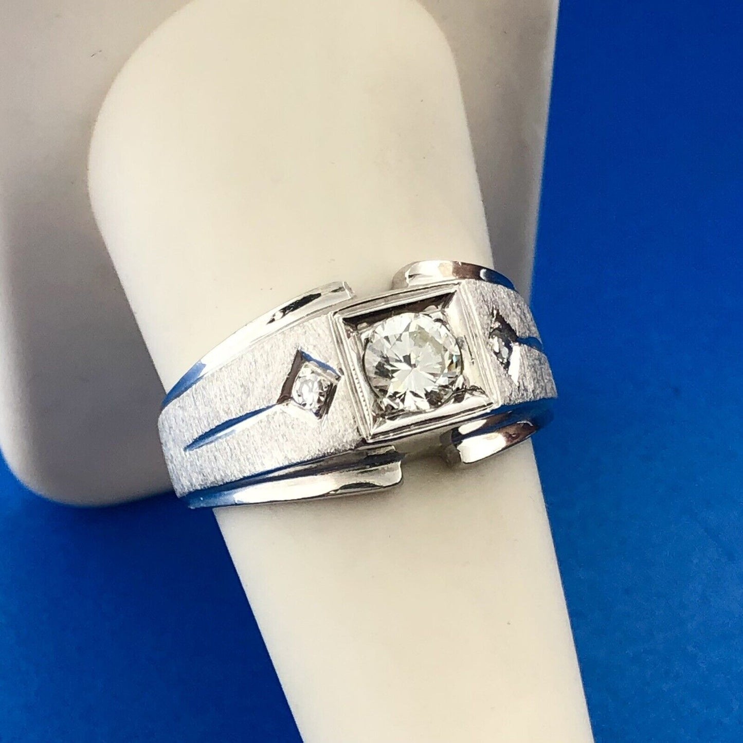 Men's 14k White Gold Round Cut Triple Diamond .51tcw Textured Ring Size 9.25