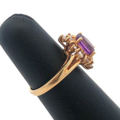 14K Yellow Gold Amethyst Diamond Halo Starburst Cluster February Cocktail Ring