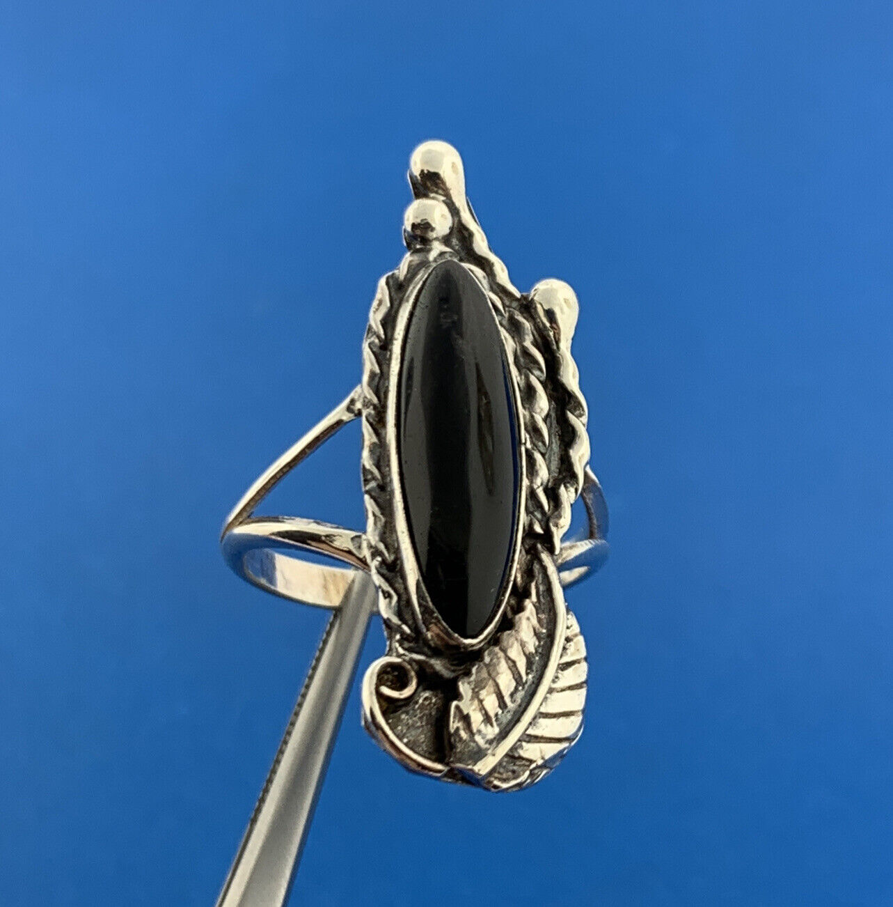 Native American Old Pawn 925 Sterling Silver Black Onyx Squash Blossom Ring