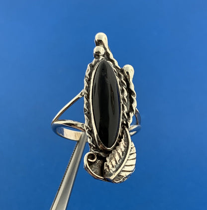 Native American Old Pawn 925 Sterling Silver Black Onyx Squash Blossom Ring