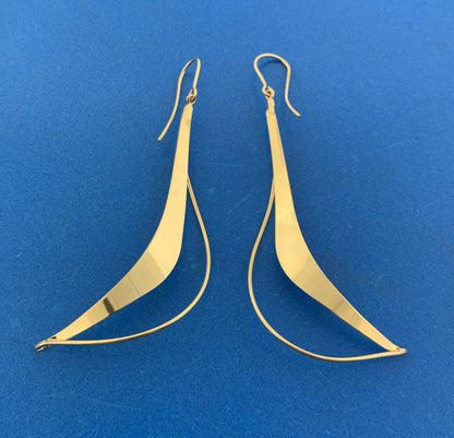 Designer NABCO 14K Yellow Gold Modernist Open Wave Statement Dangle Earrings