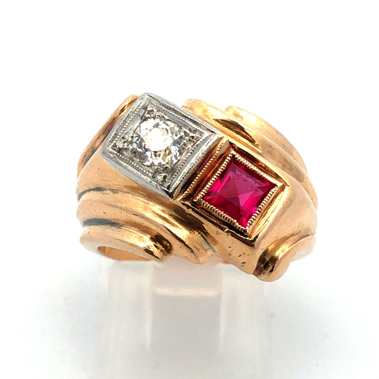 Art Deco 14K Yellow Gold Princess Ruby Round Diamond Statement Cocktail Ring