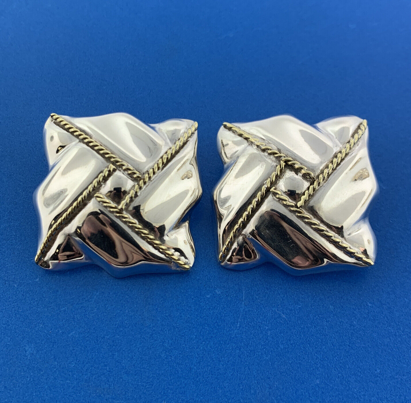 Taxco Mexico TA-70 Sterling Silver 925 Vermeil Braid Spinner Clip-On Earrings