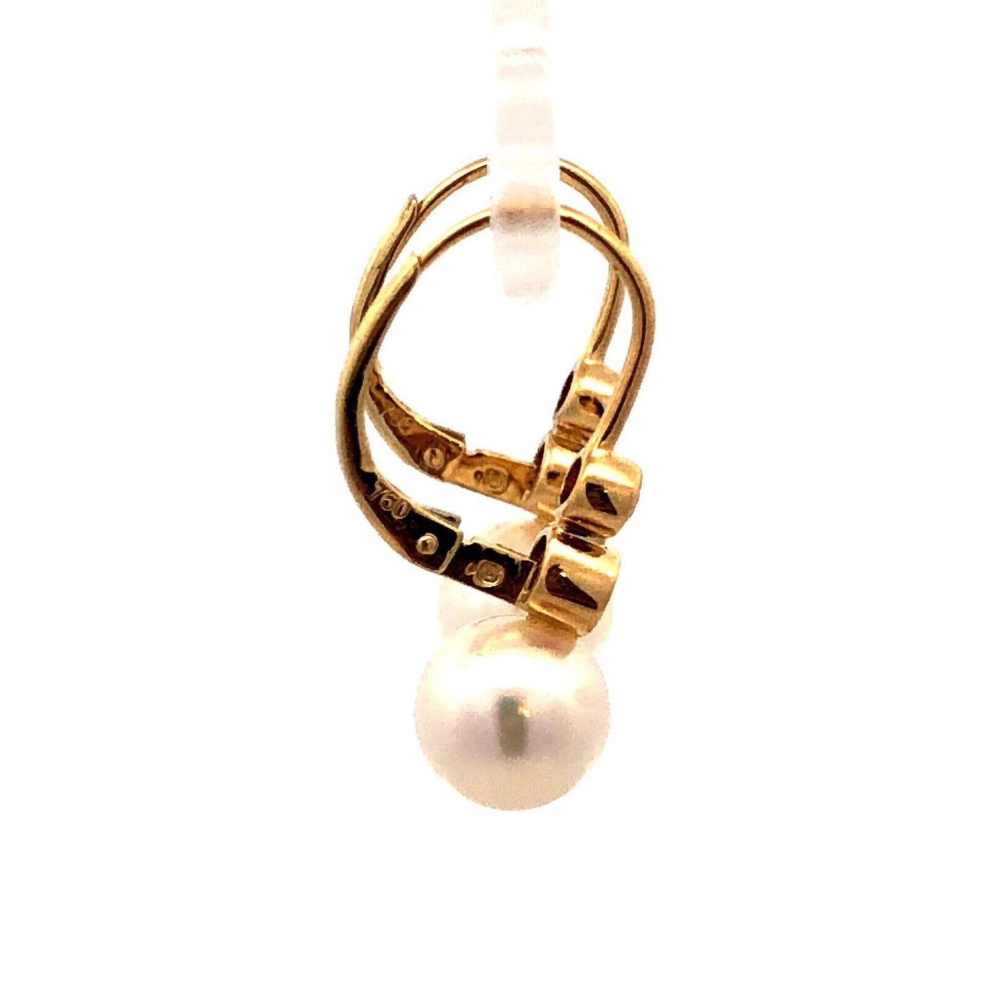 Designer 18K Yellow Gold Round White Pearl Diamond Leverback Hook Earrings