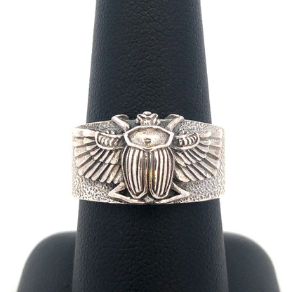 925 Sterling Silver Wings Of Isis Scarab Protection Tapered Cigar Band Ring