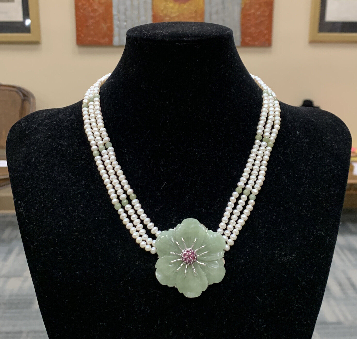 Designer Sterling Silver Carved Jade Pearl Pink Tourmaline Statement Necklace