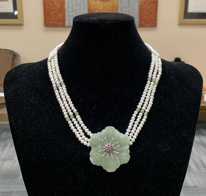 Designer Sterling Silver Carved Jade Pearl Pink Tourmaline Statement Necklace