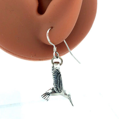 Vintage Designer 925 Sterling Silver 3D Hummingbird Drop Dangle Hook Earrings