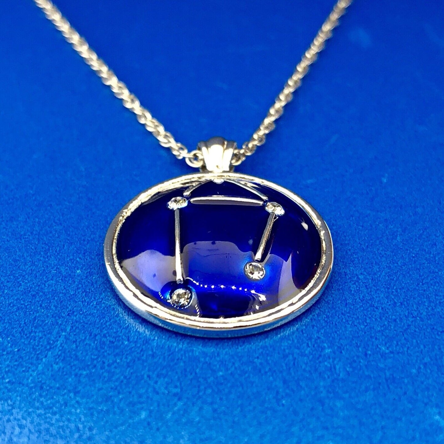 BGE Sterling Silver 925 Blue Enamel Cubic Zirconia LIBRA Constellation Necklace
