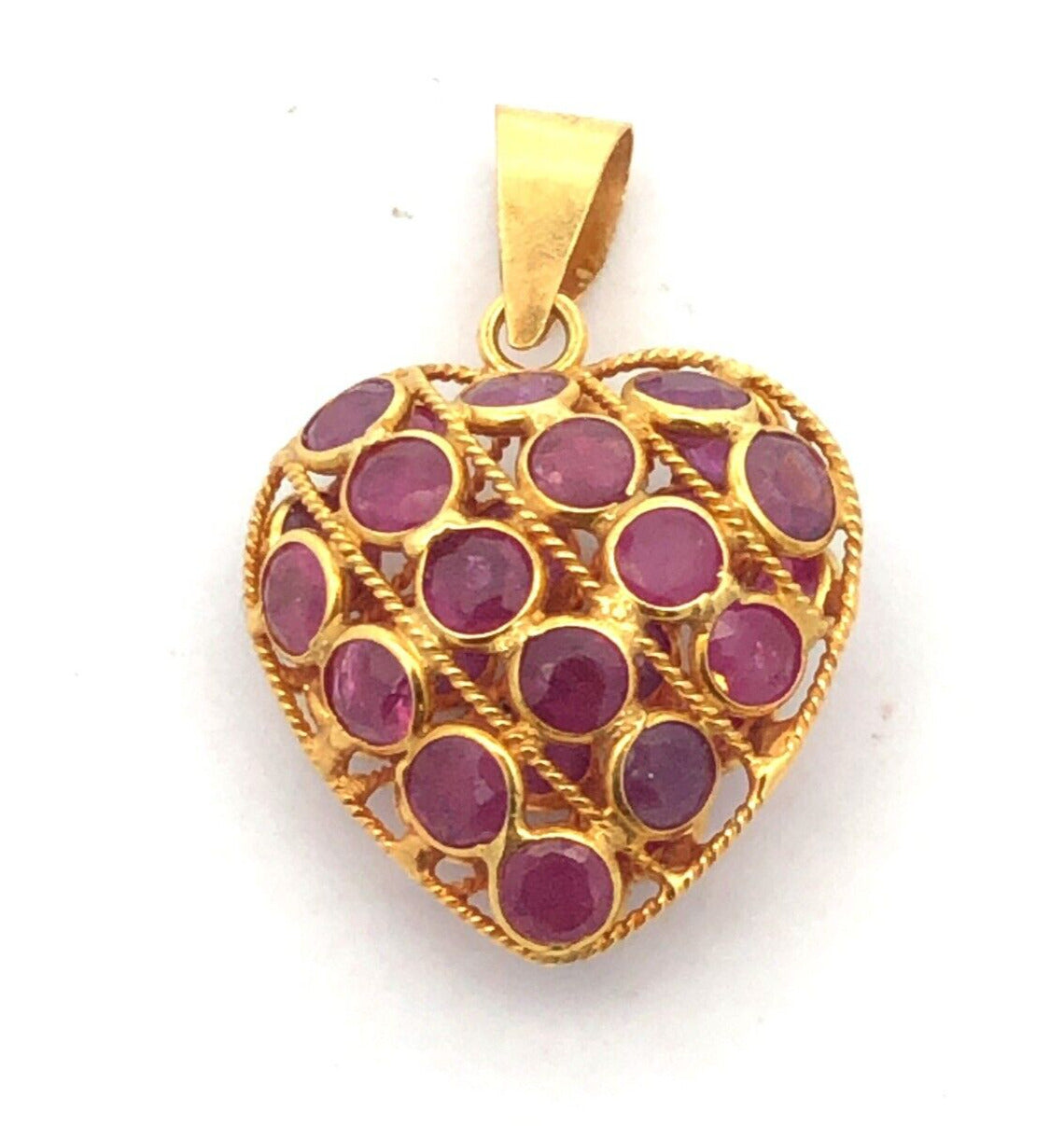 Designer 18K Yellow Gold Round Ruby July Anniversary Heart Love Pendant