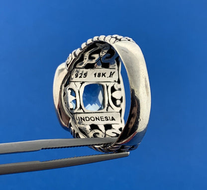 Designer 925 Sterling Silver 18K Yellow Gold Blue Topaz Balinese Style Ring