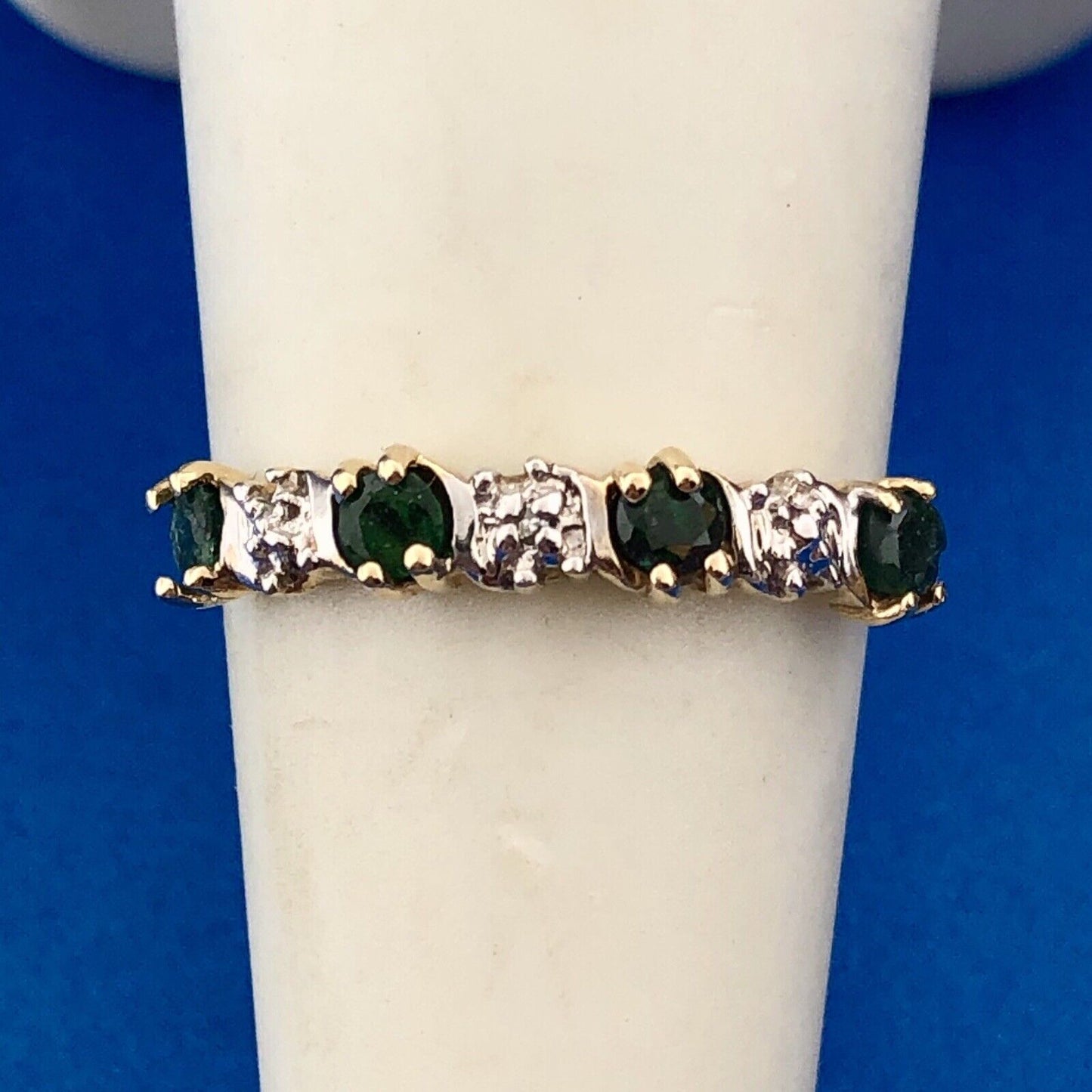 Retro 10K Yellow White Gold Emerald Diamond Stackable Anniversary Band Ring