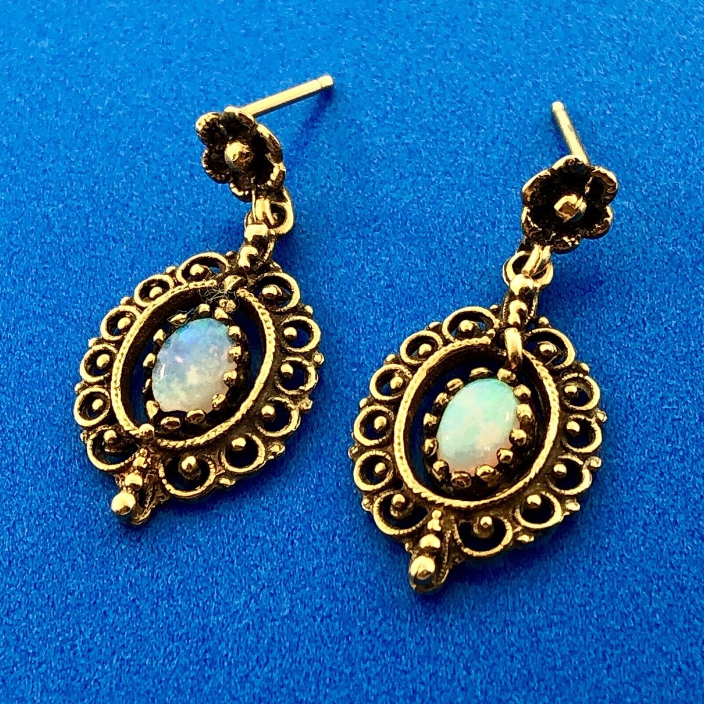 Art Deco 14K Yellow Gold Opal Bead Scroll Floral Open Work Drop Dangle Earrings
