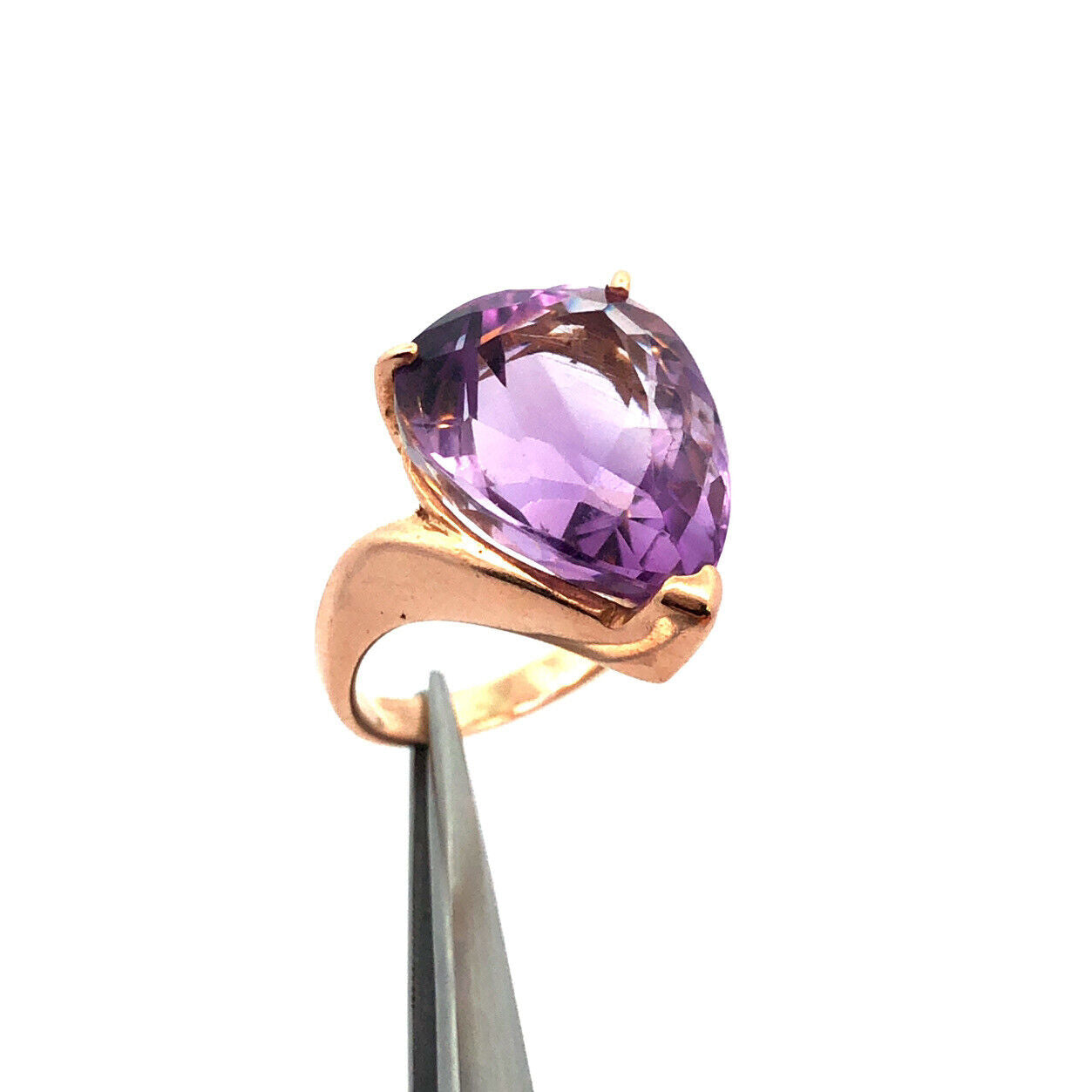 14K Yellow Gold Pear Cut Amethyst Solitaire Statement Cocktail Ring