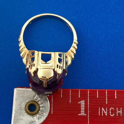 Retro 10K Yellow Gold Amethyst Spheroid Siam Temple Mounting Statement Ring