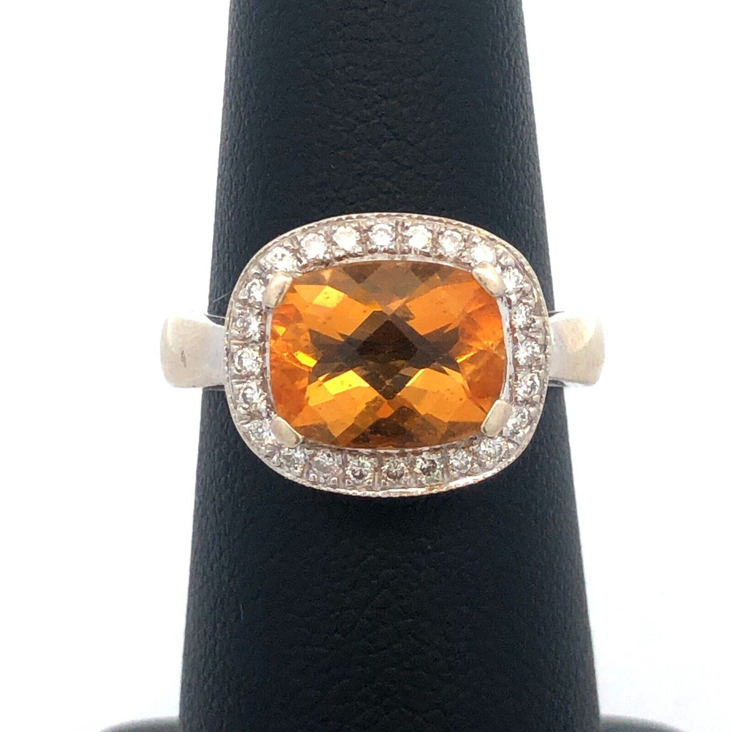 Stunning Designer 14K White Gold Citrine Diamond Cushion Cut Halo Ring Size 6.5