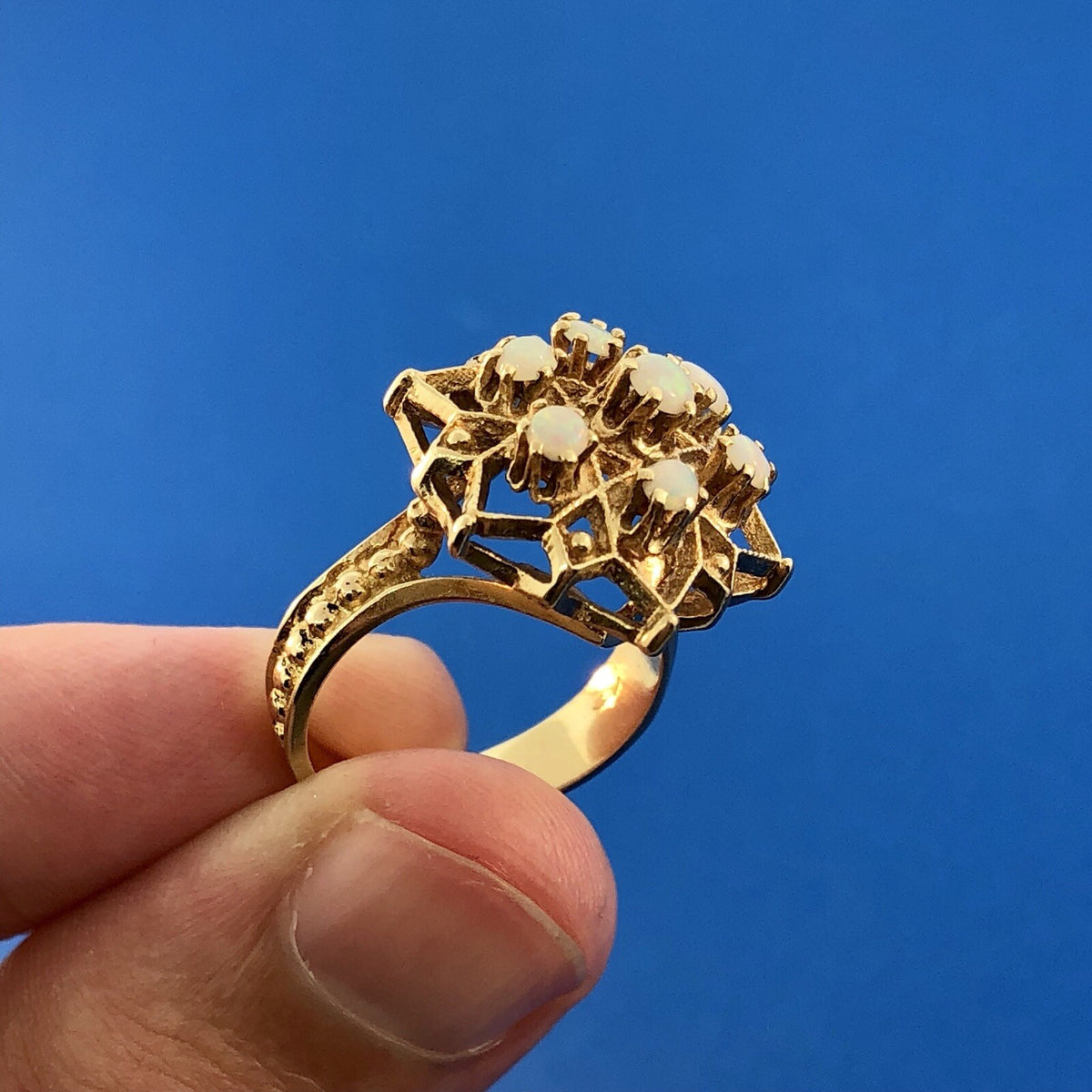 Art Nouveau 14K Yellow Gold Opal Star Flower Cluster October Etruscan Style Ring