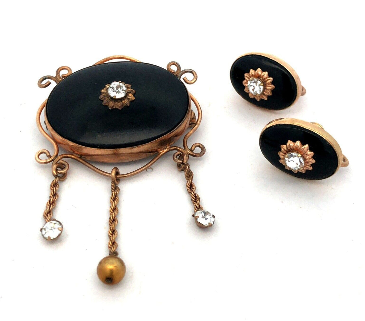 Antique Gold 12K Gold Filled Blace Onyx Rhinestone Brooch Earrings 3 Pc Set