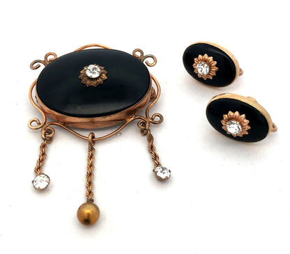 Antique Gold 12K Gold Filled Blace Onyx Rhinestone Brooch Earrings 3 Pc Set