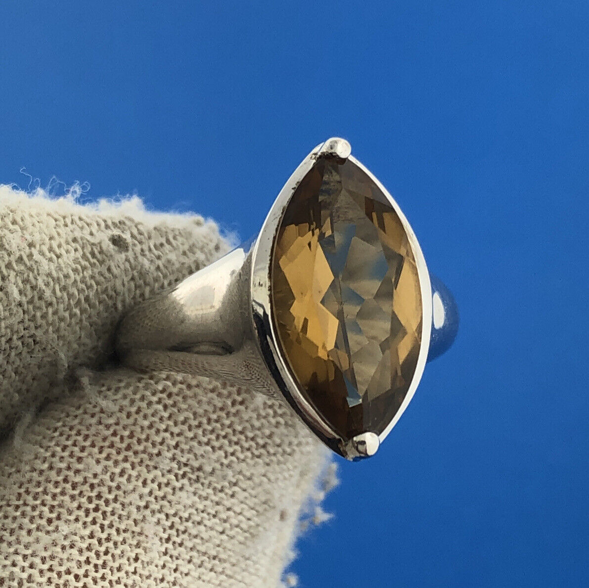 Designer KN China Sterling Silver 925 Marquise Smoky Quartz Topaz Cocktail Ring