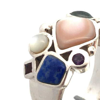 Designer LT 925 Sterling Silver Mother of Pearl Lapis Lazuli Cluster Band Ring