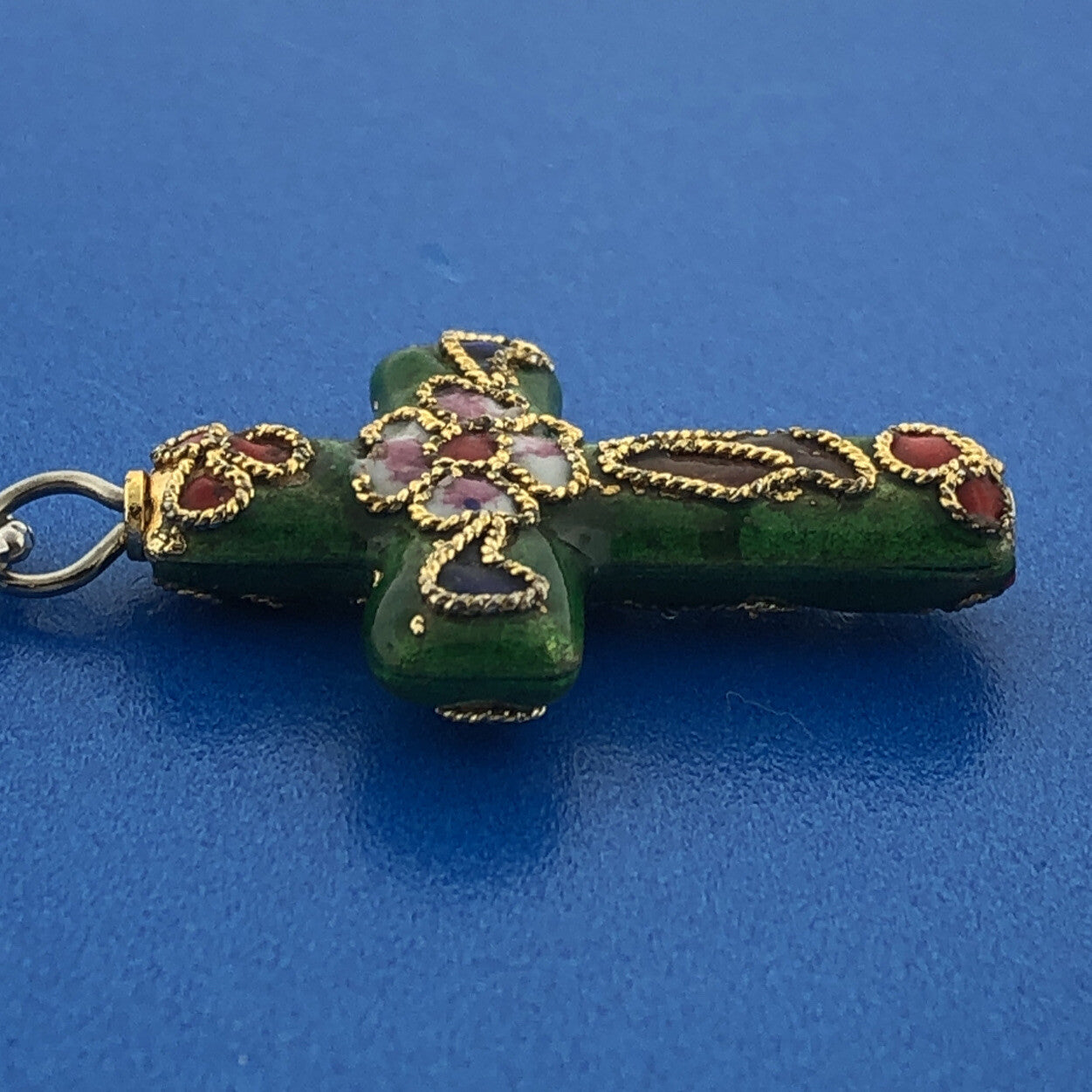Retro 925 Sterling Silver Vermeil Enamel Cloisonne Cross Two Toned Necklace